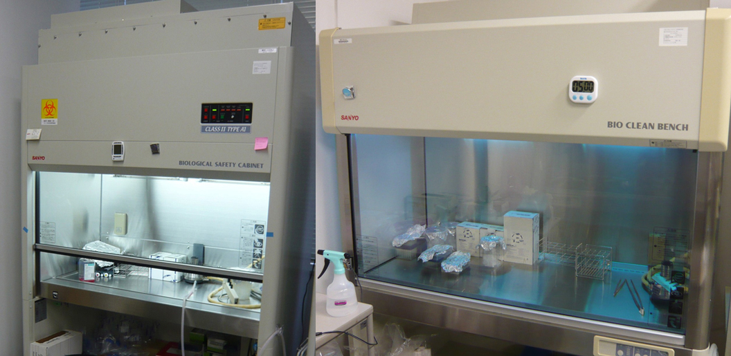 細胞・遺伝子組換え実験用安全キャビネット（左）＆クリーンベンチ（右）